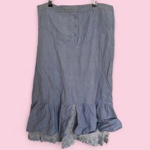 Vintage 70s Blue Denim Midi Skirt with Lace Detailing
